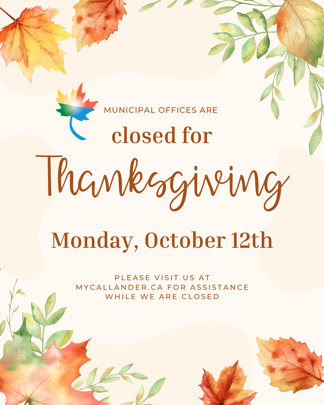 Municipal Offices Closed on Monday, October 12th